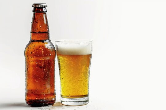A bottle of beer and a filled glass on a white background.