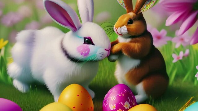 Easter holidays - Two cute bunny with colorful pastel painted eggs in spring garden with flowers. Easter background and card concept