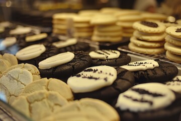 Obraz na płótnie Canvas Delicious Black and White Cookie at Bakery Display - Sweet Treat in a Row