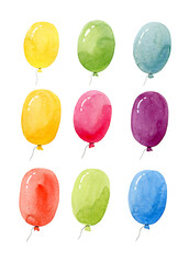 Colorful glossy balloons. Watercolor hand drawn illustration.