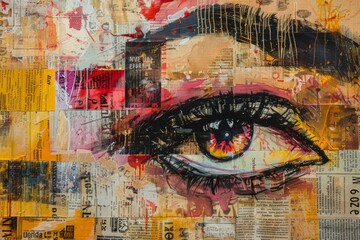 A painting depicting a womans eye completely covered in newspaper pages