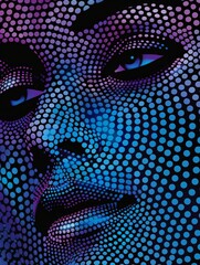 Close-up of a womans face adorned with blue and purple dots, creating an artistic and vibrant look