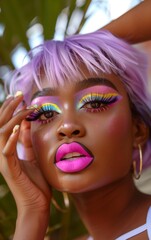 A black woman with pastel purple hair, colorful winged eyeliner and pink lipstick in the style of Barbiecore, holding her hand up to touch her face, beautiful eyes makeup