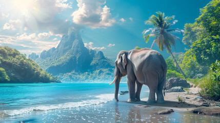 elephants playing a water on the beach , mountain and hill as a background , blue sky - obrazy, fototapety, plakaty