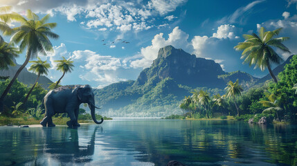 elephant walking on the lake ,landscape with lake and mountains , wild life , blue sky