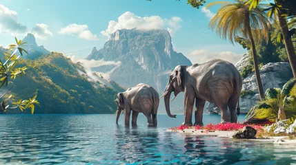 Fotobehang elephants playing a water on the beach , mountain and hill as a background , blue sky © The Thee Studio