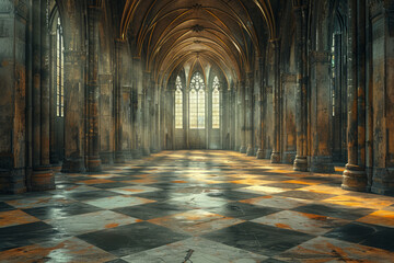 Empty medieval hall with rays of sunlight through stained window glass. Middle aged cathedral interior with columns and vaulted arches - obrazy, fototapety, plakaty