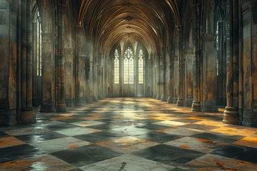 Glasschilderij Oud gebouw Empty medieval hall with rays of sunlight through stained window glass. Middle aged cathedral interior with columns and vaulted arches