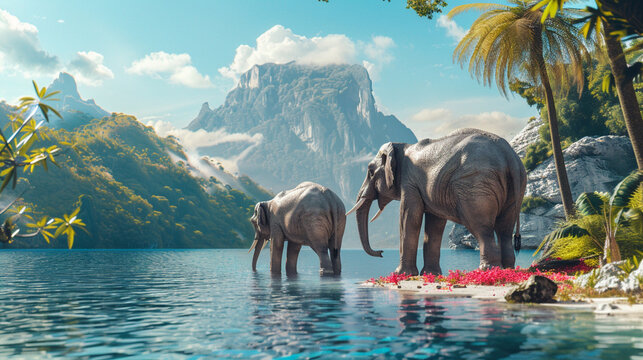 elephants playing a water on the beach , mountain and hill as a background , blue sky
