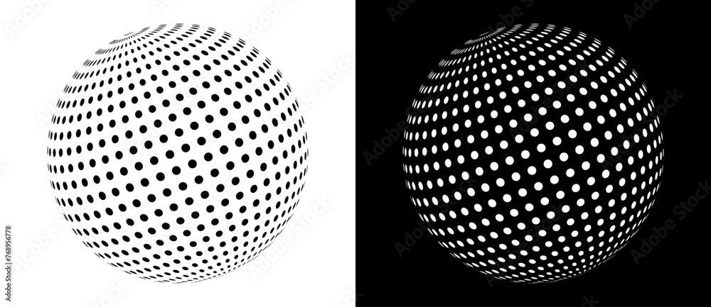 Poster modern abstract background. halftone dots in ball. round logo. black shape on a white background and