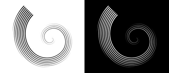 Lines in spiral abstract background. Dynamic transition illusion. Black shape on a white background and the same white shape on the black side.