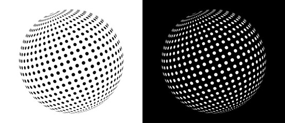 Modern abstract background. Halftone dots in ball. Round logo. Black shape on a white background and the same white shape on the black side.