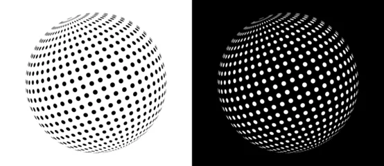 Fotobehang Modern abstract background. Halftone dots in ball. Round logo. Black shape on a white background and the same white shape on the black side. © Mykola Mazuryk