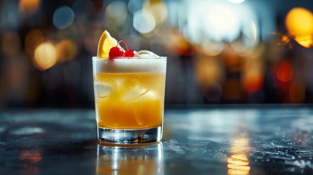 A Whiskey Sour cocktail presented against a blurry background. An alcoholic beverage served in a glass.