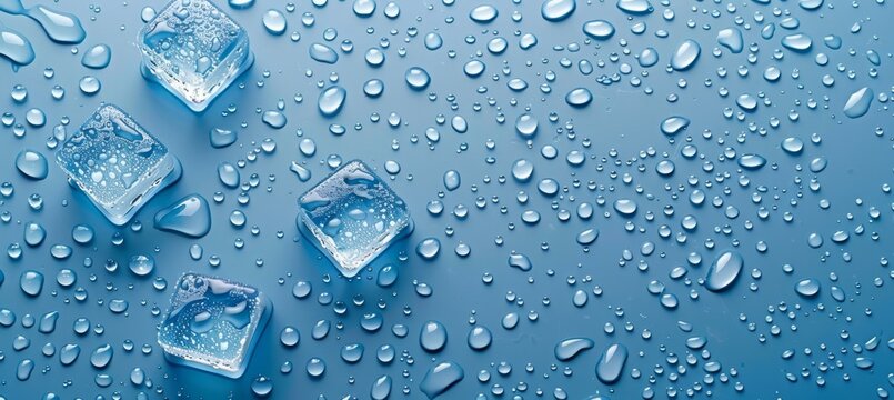 Refreshing ice cubes with water droplets on blue background, toned image for a cool effect