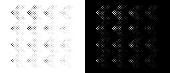 Set of arrows with halftone effect. Black figures on a white background and an equally white figures on the black side. - 768957321