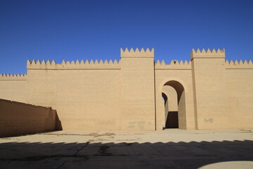 ancient city of Babylon in Iraq , ancient ruins , southern palace , old palace with blue sky 