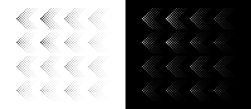 Set of arrows with halftone effect. Black figures on a white background and an equally white figures on the black side.