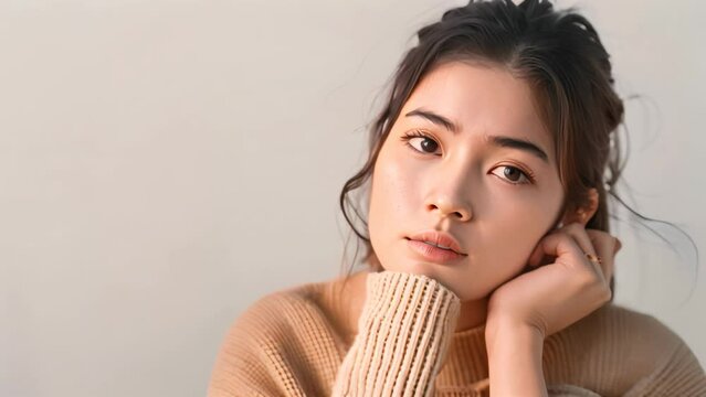 Portrait of a thoughtful young woman with a beige sweater. Studio fashion photography with place for text