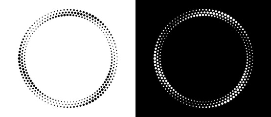 Circle with halftone black dots as advertising background or logo or icon. A black figure on a white background and an equally white figure on the black side. - 768957549