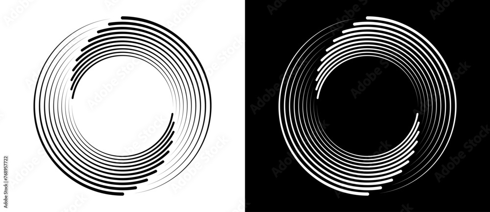 Fototapete Lines in circle abstract background. Dynamic transition illusion. Black shape on a white background and the same white shape on the black side.	