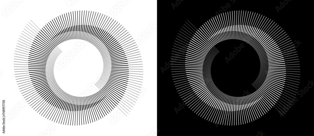 Wall mural lines in circle abstract background. dynamic transition illusion. black shape on a white background 