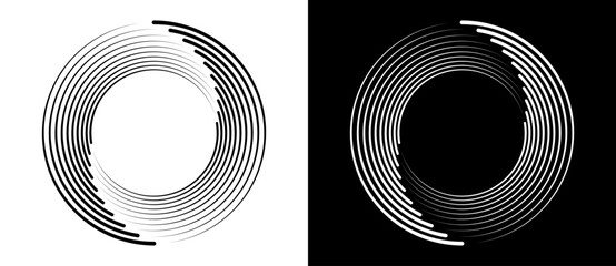 Lines in circle abstract background. Dynamic transition illusion. Black shape on a white background and the same white shape on the black side.	