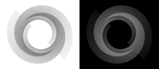 Lines in circle abstract background. Dynamic transition illusion. Black shape on a white background and the same white shape on the black side.	