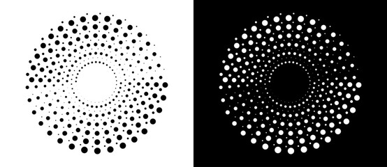 Modern abstract background. Halftone dots in circle form. Sun concept. Vector dotted frame. Design element or icon. Black shape on a white background and the same white shape on the black side. - 768957986