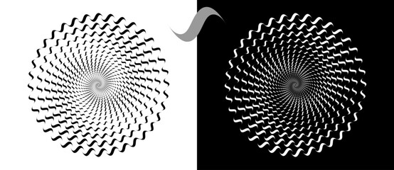 Modern abstract background. Waves in circle form. Round logo. Vector dotted frame. Design element or icon. Black shape on a white background and the same white shape on the black side. - 768958125