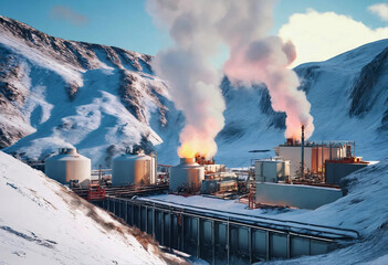 Geothermal energy plant located on steep and high terrain - obrazy, fototapety, plakaty