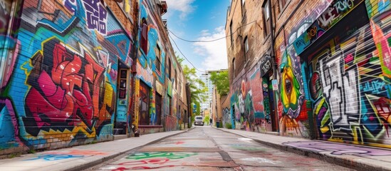 view of the street and graffiti on the walls of houses in the city of Toronto