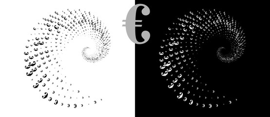 Modern abstract background. Halftone EURO sign in spiral. Round logo. Design element or icon. Black shape on a white background and the same white shape on the black side.
