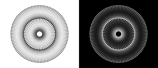 Modern abstract background. Halftone dots in circle form. Sun concept. Vector dotted frame. Design element or icon. Black shape on a white background and the same white shape on the black side. - 768958509