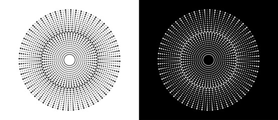 Modern abstract background. Halftone dots in circle form. Sun concept. Vector dotted frame. Design element or icon. Black shape on a white background and the same white shape on the black side. - 768958513