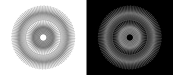 Modern abstract background. Halftone dots in circle form. Sun concept. Vector dotted frame. Design element or icon. Black shape on a white background and the same white shape on the black side. - 768958550