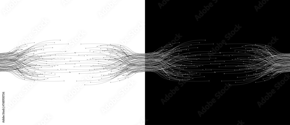 Fototapete Abstract lines with dots over background. Connecting or big data concept. Design element or icon. Black shape on a white background and the same white shape on the black side.