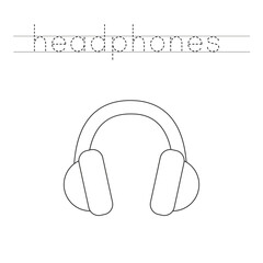 Trace the letters and color cartoon headphones. Handwriting practice for kids.