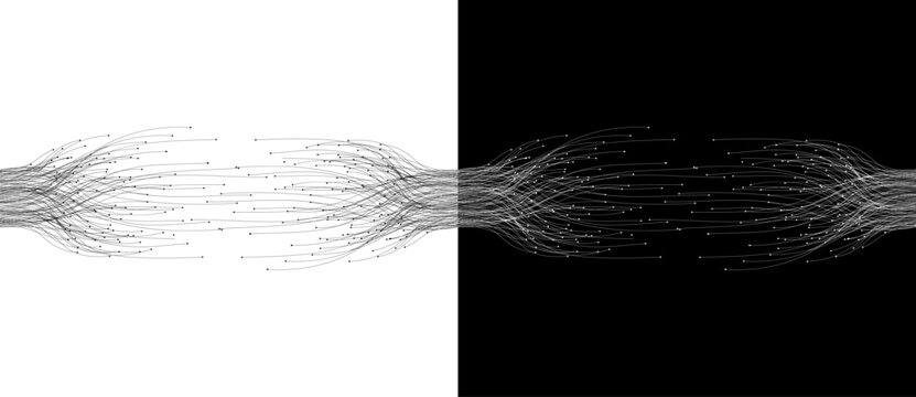 Abstract lines with dots over background. Connecting or big data concept. Design element or icon. Black shape on a white background and the same white shape on the black side.