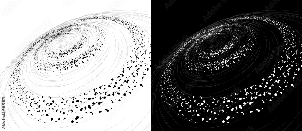Fototapete Dynamic lines and dots in perspective. Spiral like big data, speed or space concept. Black shape on a white background and the same white shape on the black side.