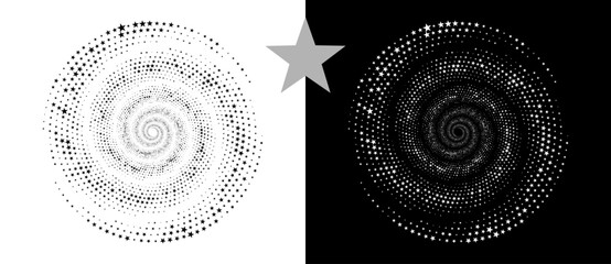 Abstract background with stars in circle. Art design spiral as logo or icon. Yin and Yang concept. A black figure on a white background and an equally white figure on the black side. - obrazy, fototapety, plakaty