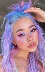 full face photo of a beautiful mixed race woman with pastel hair, colorful makeup, pink and purple eyeshadow, blue eyeliner, big hoop earrings, winged eyelashes, cat eye lashes