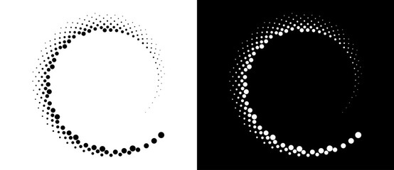 Halftone dots in spiral. Modern abstract background. Design element or icon, logo. Black shape on a white background and the same white shape on the black side.