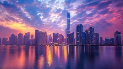 Fototapeta premium A stunning cityscape with modern skyscrapers reflecting in calm waters under a colorful sunset sky.