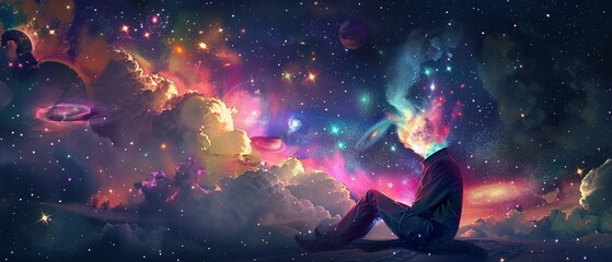 Imagination  A whimsical 2D illustration of a person sitting under a starry sky