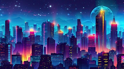A mesmerizing digital artwork depicting a futuristic cityscape illuminated by vibrant neon lights under a starry night sky.