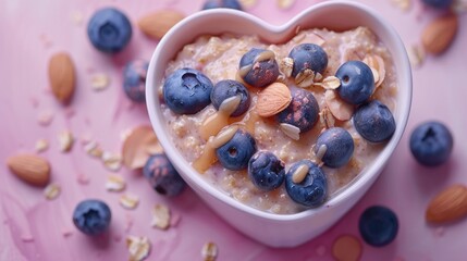 A heart-shaped bowl of creamy oatmeal topped with fresh blueberries and sliced almonds, served on a pink background adorned with scattered almonds and rose petals.