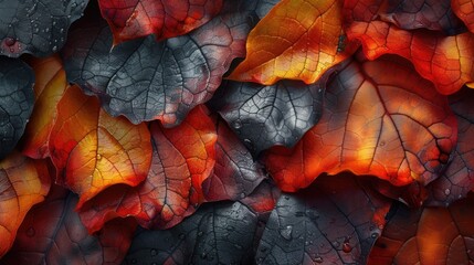 A close-up photograph capturing the intricate details of autumn leaves, showcasing a vibrant array of colors ranging from deep reds to fiery oranges - obrazy, fototapety, plakaty