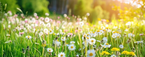 Pink and yellow daisies in the flower garden - obrazy, fototapety, plakaty