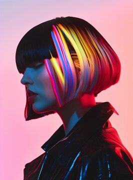 Photo of woman with bob haircut, her hair is styled with rainbow stripes and visible bangs. pure background . In the style of futuristic fashion design